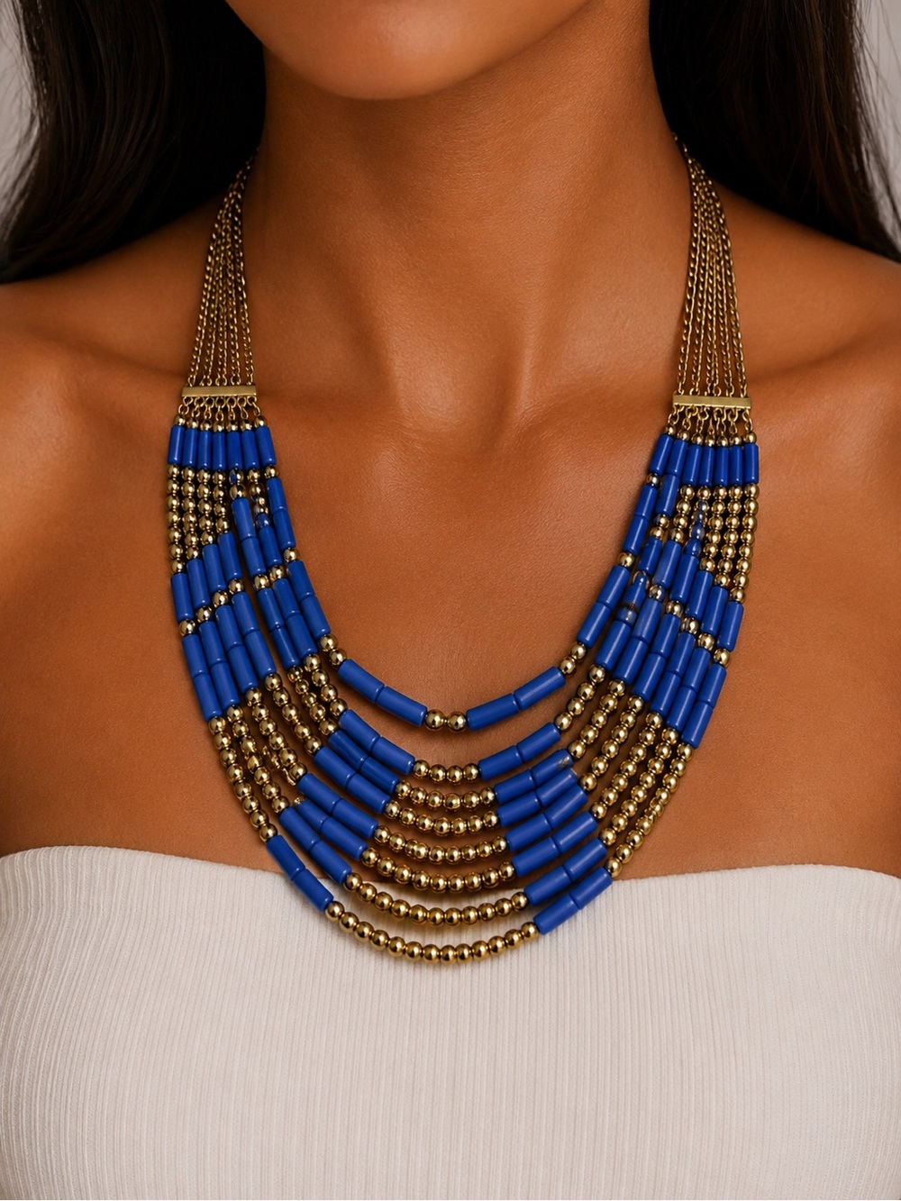 Blue Gold Beaded Bib Statement Necklace Layered Boho Collar Festival OS